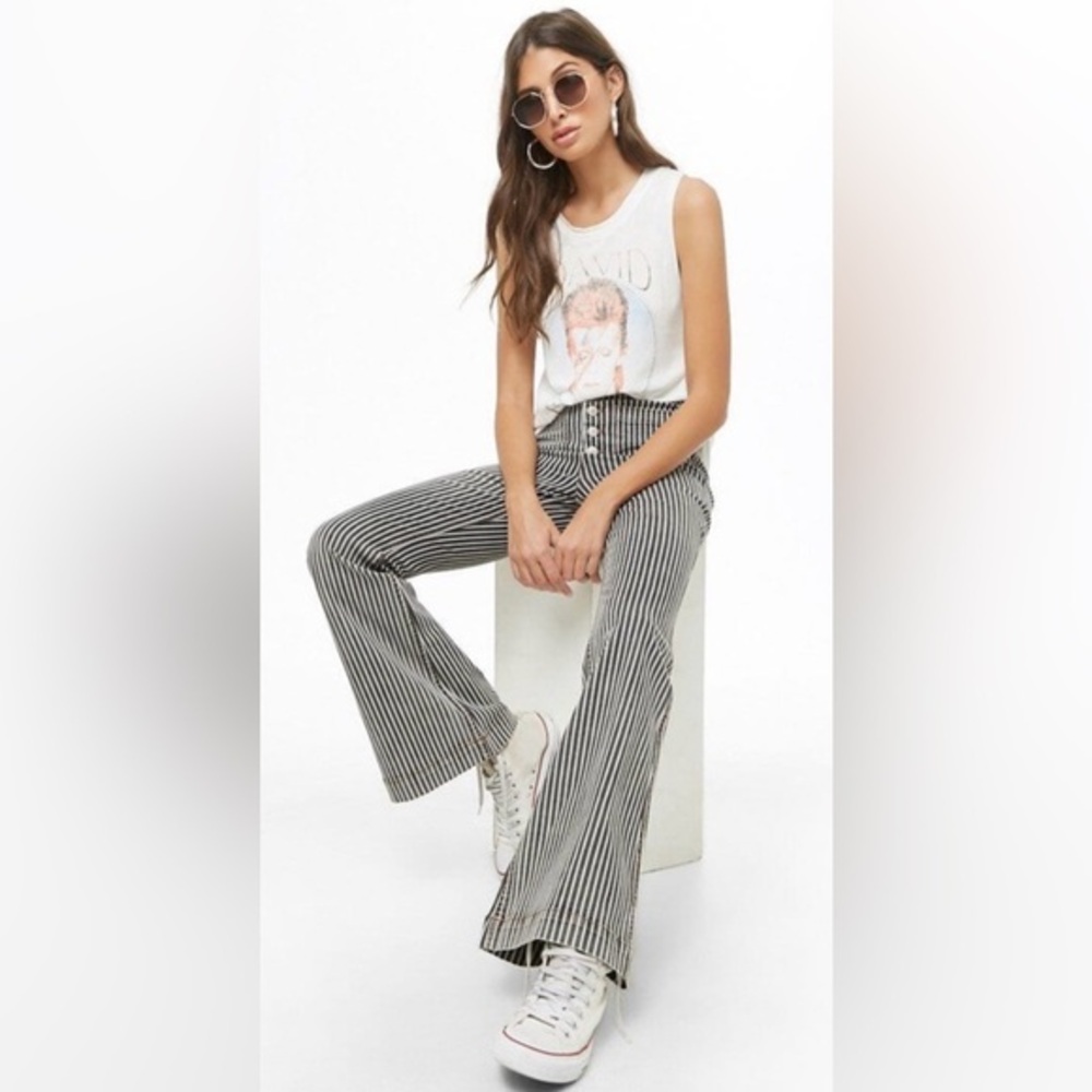 Forever 21 Charcoal & White High Rise Striped Flare Jeans 27
